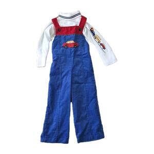 Vtg 70s Healthtex 2T Car Bus Construction Truck Corduroy Overalls & Undershirt